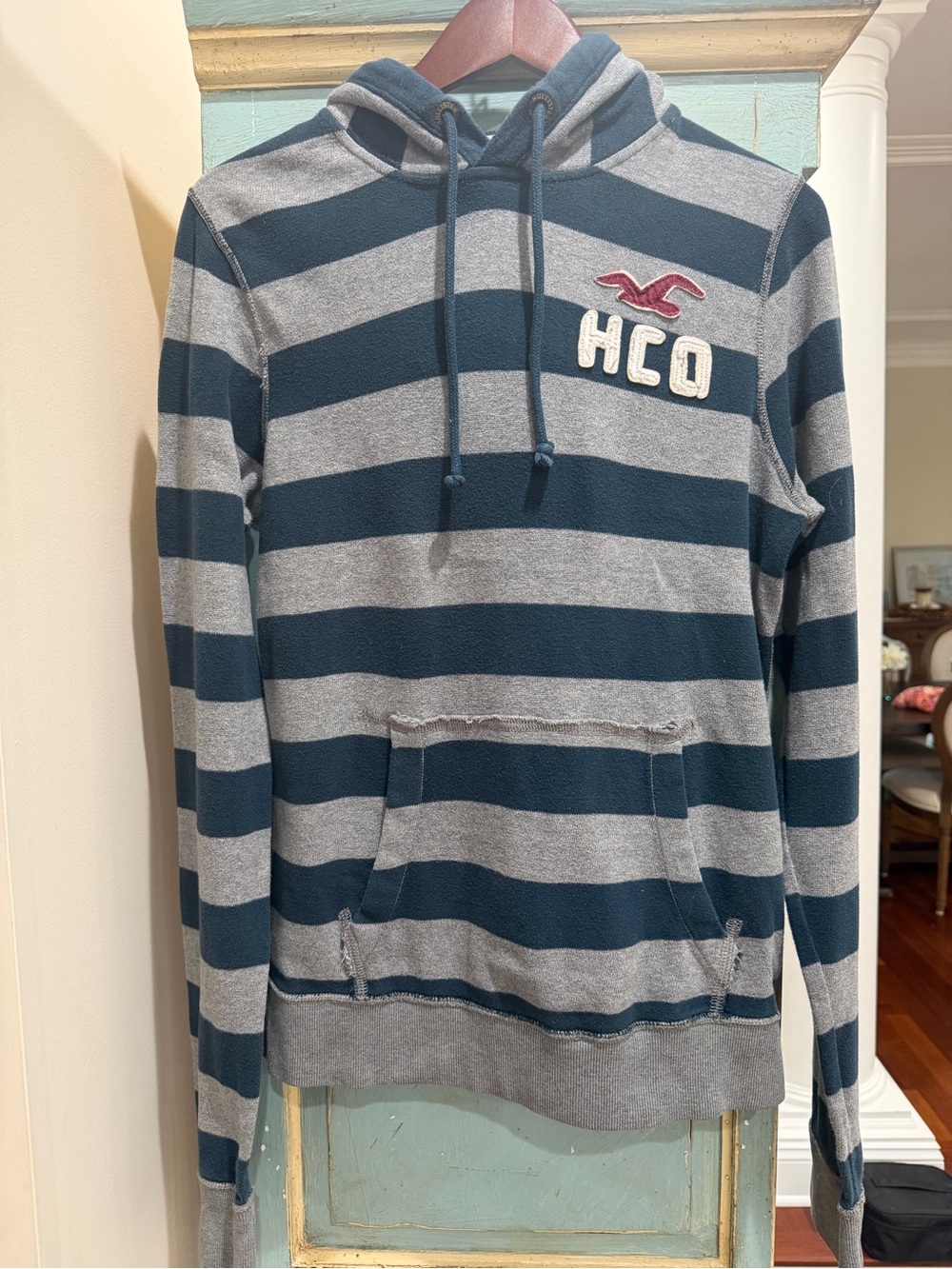 Vintage Y2K Hollister Striped Pullover Hoodie Sweatshirt Gray Navy HCO Medium⁠